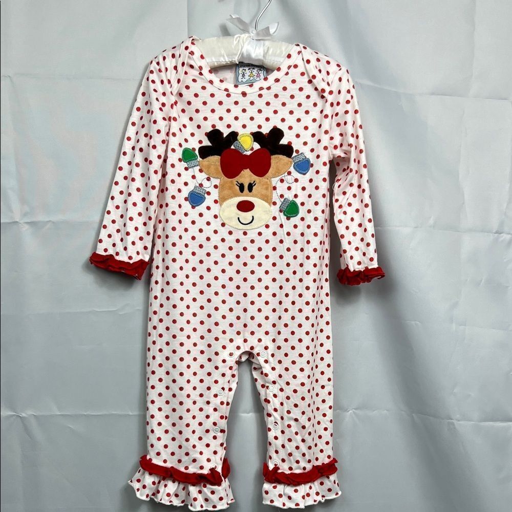 Three Sisters Red and white Rudolph polkadot romper size 18 months